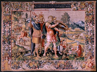 Flemish Tapestry. Series The History of Hannibal. The Crossing of the Alps. Second Tapestry of Those Preserved. Models Anonymous Master of the Netherlands. Brussels’ Manufacture, Workshop. Ca 1570. Fabric Wool and Silk