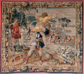 Flemish tapestry. Series The Labours of Hercules. Hercules and Antaeus. Fourth tapestry in the extant series. Model Unknown. Manufacture Willem Dermoyen, Brussels. Ca 1528. Fabric Silk and wool. Size 362 x 403 cm. Location Royal Palace