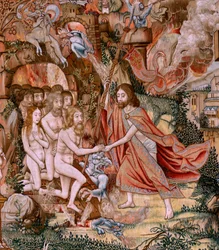 Flemish tapestry. Series The Passion of Christ. The Descent from the Cross. The second tapestry series of the Passion of Christ belonging to the Patrimonio Nacional. Model Cartoonists from the circle of Jan van Roome. Manufacture Pieter van Aelst, Brussels