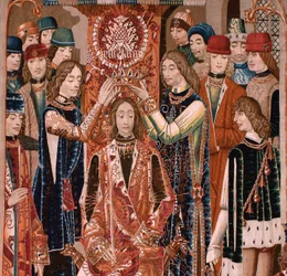 Flemish tapestry. Unknown series. Roman history? Tarquinius Priscus (Tarquino Prisco). Made in Brussels workshops? Ca. 1475. Fabric of wool and silk, 6 warps per cm. Origin: a donation by the Count of Alba de Aliste; it arrived at the cathedral in 1608.