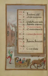 Street Scene in the Snow, illuminated calendar page for January, from a Book of Hours, c.1500