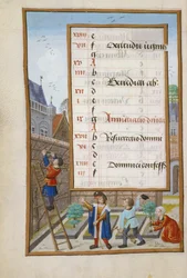 Owner Giving Orders to his Gardeners, illuminated calendar page for March, from a Book of Hours, c.1500
