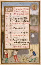 Threshing Corn in the Barn, illuminated calendar page for August, from a Book of Hours, c.1500