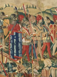 Parish museum of tapestries. Flemish tapestry. The landing at Arzila. Series Conquests of king Alfonso I of Portugal. Tournai. Wool