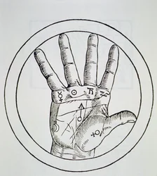Position of the Planets on the Right Hand, copy of an illustration from De Occulta Philosophia Libri III, by Henricus Cornelius Agrippa, Antwerp 1533, used in a History of Magic, published late 19th century