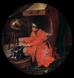 Representation of a Blacksmith Craftsman in His Blacksmith Striking a Metal Rod on an Anvil
