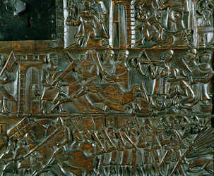 The Courtrai Chest Depicting Two Scenes from the Battle of the Golden Spurs Fought in Courtrai in 1302 (detail)