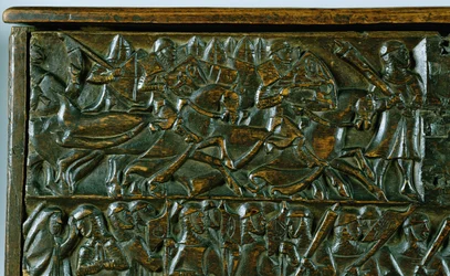 The Courtrai Chest Depicting Two Scenes from the Battle of the Golden Spurs Fought in Courtrai in 1302 (detail)