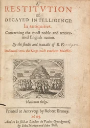 Title page of Restitution of Decayed Intelligence by Richard Verstegam, Antwerp, 1605