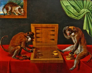 Two Monkeys Playing Tric Trac on a Table