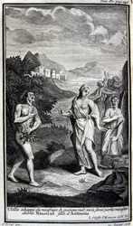 Ulysses escapes from the shipwreck, and although naked but forced by necessity approaches Nausicaa, daughter of Antinous. Illustration for book VI of the Odyssey by Homer, in the Odyssey, published in Amsterdam in 1731, Milan