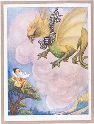 The griffin saw a little yellow man sitting on the top of a tree