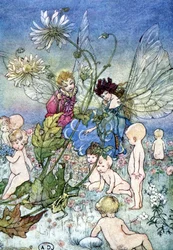 Woman-Dragonfly (Fairy) and Elf Surrounded by Babies