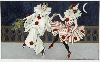 Pierrot and Colombine dancing in the moonlight - drawing by Florence Hardy, early 20th century