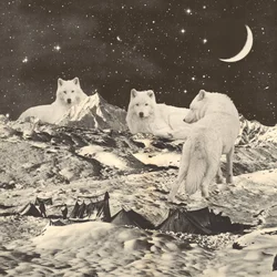 Three Giant White Wolves on Mountains