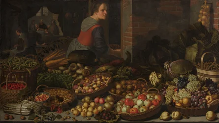 Still Life with Fruit and Vegetables, with Christ at Emmaus in the Background