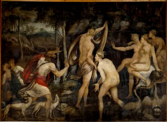 Diana (Artemis), goddess of hunting, and Actaeon, hunter. Painting of the School of Fontainebleau (16th century)
