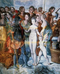 Henry II and Diane de Poitiers, frescoes in gilded tower of Ligue, Fontainebleau School, Tanlay Castle (16th-17th century), Burgundy, France