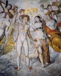 Mercury, messenger of gods and Psyche, Janus on right, frescoes in gilded tower of Ligue, Fontainebleau School, Tanlay Castle (16th-17th century), Burgundy, France