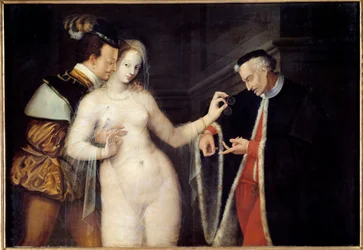 The Woman Between Two Ages. Scene representing a prostitute courted by two men of different ages. Painting of the School of Fontainebleau. 1588, Rennes, Museum of Fine Arts