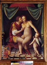 Venus and Mars, Representation of the Two Deities Kissing. Painting of the School of Fontainebleau, 16th Century