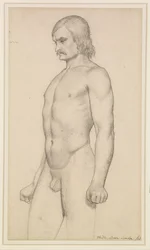 Male Nude - Academic Study, Three-Quarter Length Nude, with Moustache and Clenched Fists