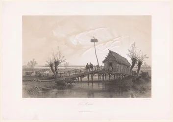 Marsh Landscape with Cows and Figures by a House with Bridge