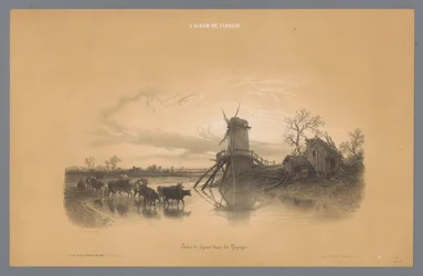 Mill with People and Animals Wading Through Water