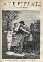 A couple of peasants, the man in a blouse and hoof, jumps the young woman who pushes him back with a smile and light. Illustration by E. Bertin for Les twenty five francs de la superieure by Guy de Maupassant. Engraving by Fortune Meaulle