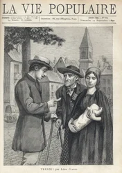 A nurse holding a new swaddling, accompanied by her father, an old peasant, with a determined eye, meets a man of the bourgeoisie, who carefully reads a paper, in the square of a provincial village. Illustration by Rene Schutzenberger (1860-1916)