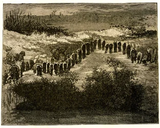 Carnac Menhir Alignments. Drawing by Victor Hugo, engraved by Meaulle. Extract from the text of Hugo (En voyage en Bretagne)