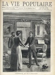 In a bourgeois living room, a man rises precipitously towards the mistress of the house and grabs her hands, dropping his hat on the floor, under the astonished gaze of another man. Illustration by Bernard Borione for the text by Guy