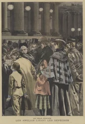 Members of the British public reading news of the Boer War outside the War Office, London