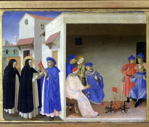 The miracle of Saint Dominica: the saint gives the Albigeese the book refuting their heresy and the Albigeese try to burn it, without success - (detail) of the 