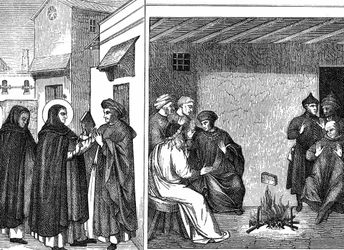 Albigensian heresy. St Dominic gives a book professing the 