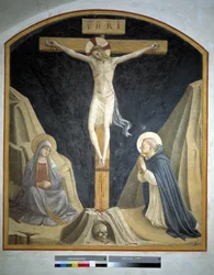 Crucifixion with the Virgin Mary and Saint Dominic. Inscription "INRI" on the Cross