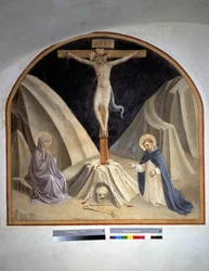 Crucifixion with the Virgin Mary and Saint Dominic. Inscription "INRI" on the Cross
