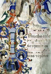 St. Dominic surrounded by musician angels above an historiated initial I depicting (clockwise) SS. Augustine, Ambrose, Peter Martyr, Gregory and Jerome, from a Gradual, early 1430s