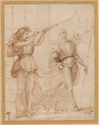 One Angel Blowing a Trumpet, and Another Holding a Standard