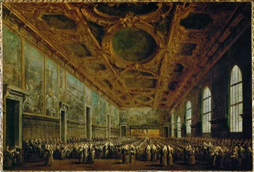 After his election, the Doge thanks the Grand Council in the Grand Council Hall of the Doge
