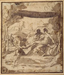 Venus, reclining under a rustic canopy, with Adonis fastening her sandal