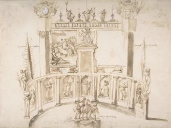 Design for a Garden Fête with a Semi-circular Wall and Statues in Niches, ca. 1635-79