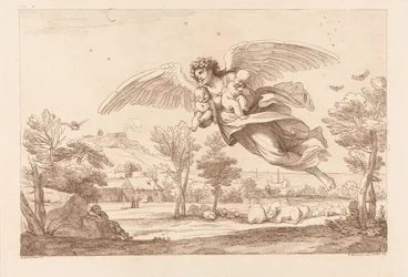 Angel Carrying Two Babies and Flying over Sleeping Cattle