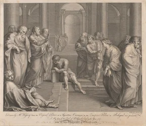 Christ Blessing an Adulterous Woman with Bound Wrists in a Temple