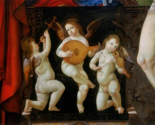Three Musical Angels, (detail) of the Altar Piece of the Madonna Enthroned with Saints Jerome and Sebastian, by Francesco Bianchi Ferrari, Church of San Pietro, Modena