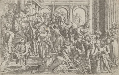 Saint Roch at left distributing alms to a group of people gathered around him, 1590-1600