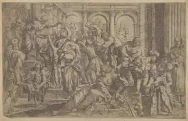 Saint Roch at left distributing alms to a group of people gathered around him, after A