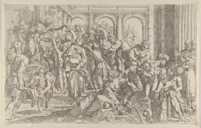 Saint Roch at left distributing alms to a group of people gathered around him, ca. 1590-1600