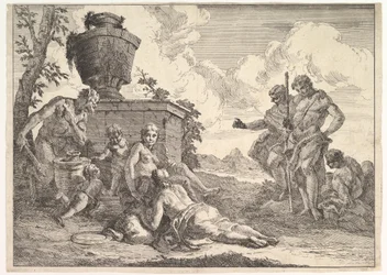 Satyr with Club and Seven Figures, from Bacchanals and Histories