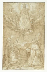 A Crowned Madonna with Child, Draped in a Cape and Heavy Chains, Appears in the Clouds, Surrounded by Angels and Cherubs, to Two Kneeling Saints; One a Soldier Martyr, the Other a Cleric (Hyacintus?). An Angel Hands a Belt or a Script